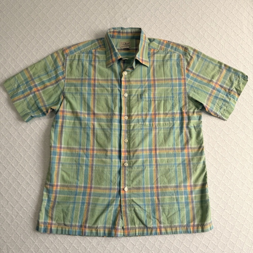 LL Bean Mens Short Sleeve Plaid Button Down Shirt Green Blue Cotton M-REG 0CDJ7